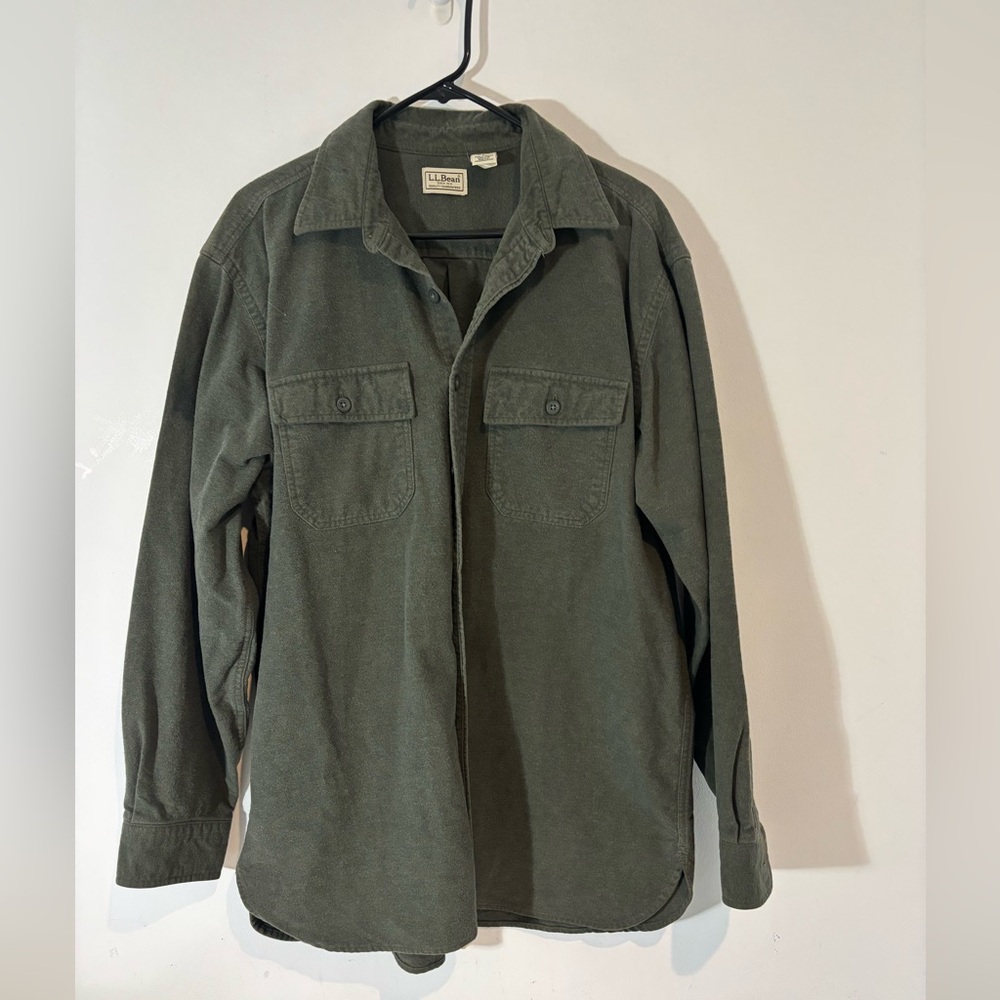 L.L Bean Men’s Large Heavy Button Down Flannel Green 100% Cotton Casual Warm